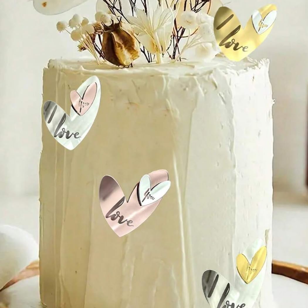 4Pcs Non Edible Cupcake Toppers Gold Silver Rose Heart-shaped Acrylic Cake Topper Decorations for Valentine's Day Wedding Birthday Parties