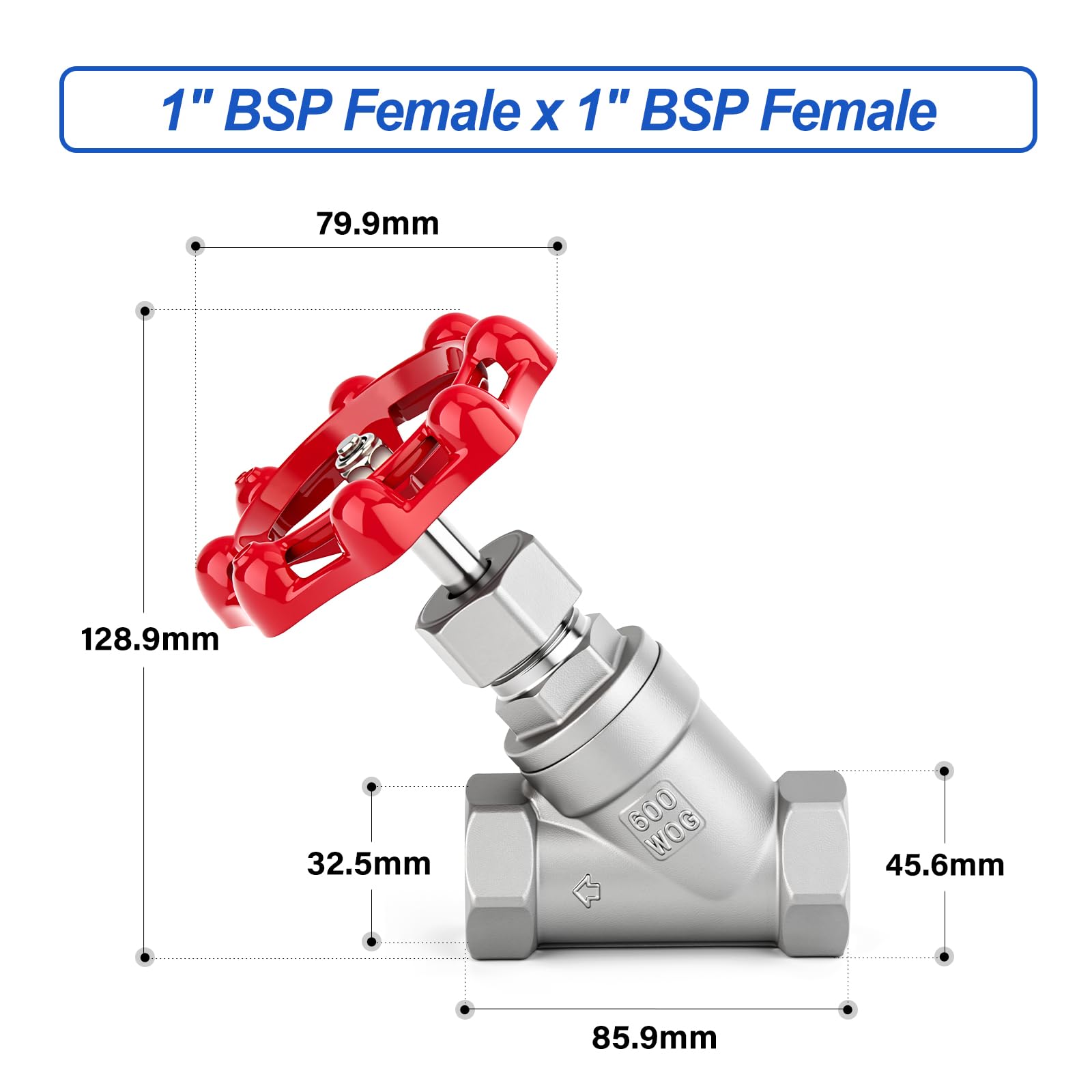 Valvola a globo per impieghi gravosi, 1" BSP 304 in acciaio inossidabile femmina x femmina con filettatura, valvola a saracinesca rotante con maniglia a ruota per acqua, olio, gas 600WOG