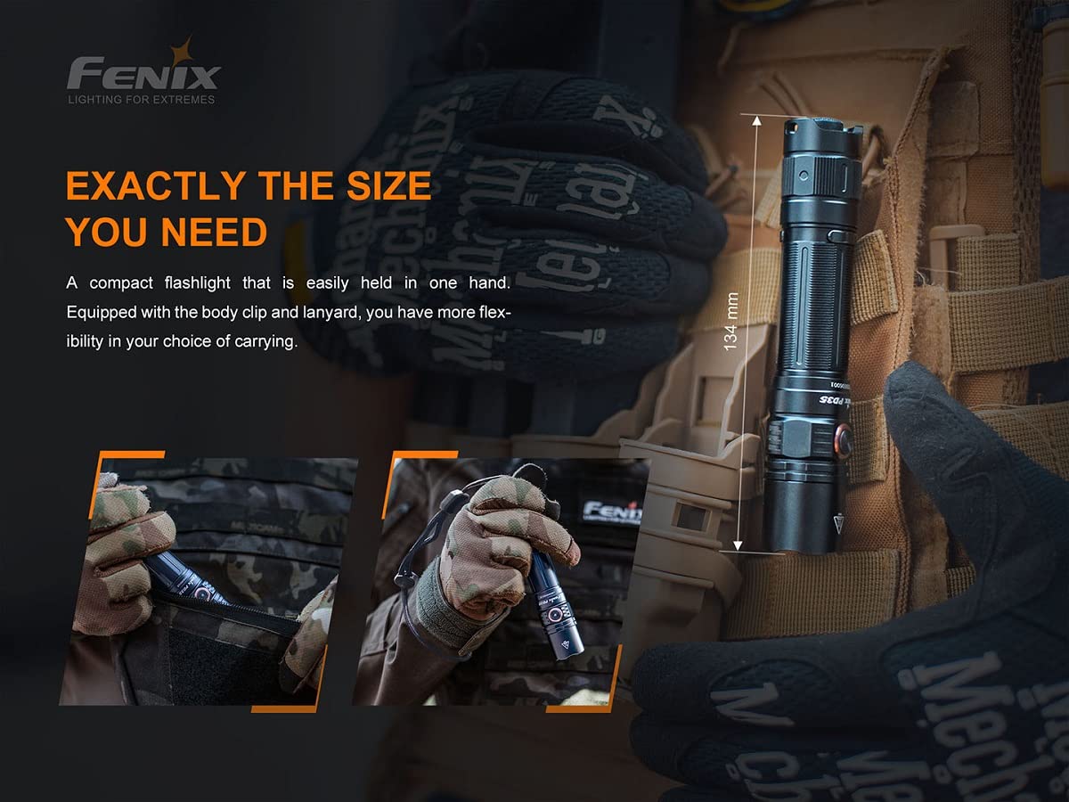 Fenix PD35 V3.0 LED-Taschenlampe, Taktische Kleine Gerade Taschenlampe, 1700 Lumen, 357m Leuchtweite, 230 Stunden Leuchtdauer, 5 Helligkeitsstufen und Strobe, IP68 Schutz, schwarz, Multi-Szenarien