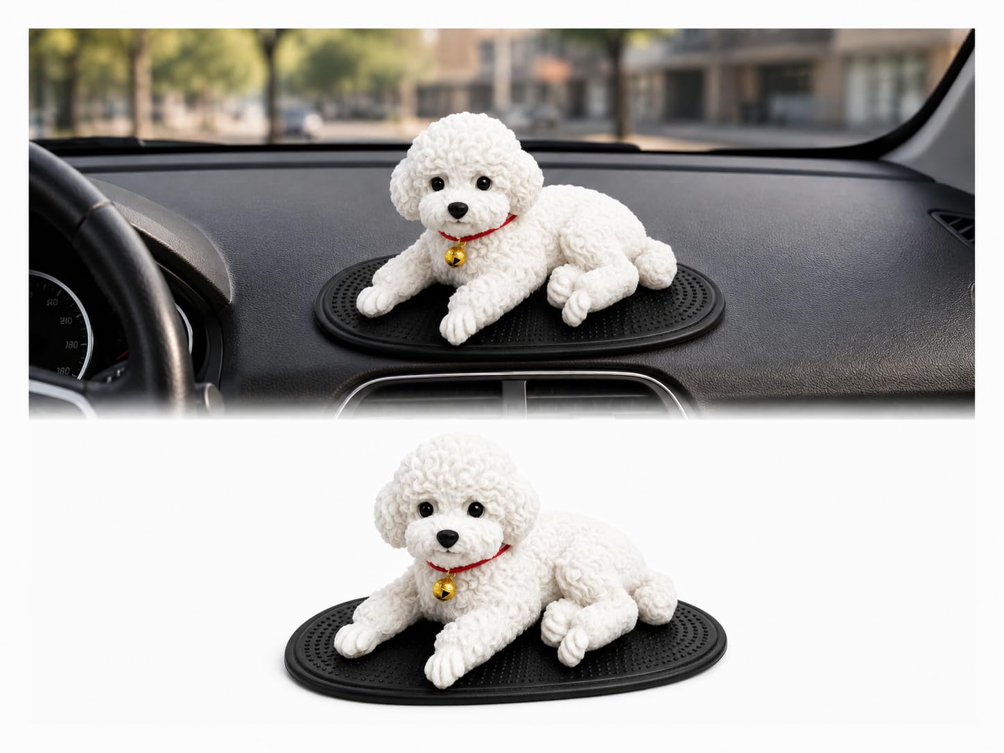 Silicone Dog Dashboard Decoration for Car, Bobble Head White Puppy Figurine Ornament, Cute Animal Statue With Non-Slip Mat, Lovely Puppy Decor For Car Interior Desktop Home Decor