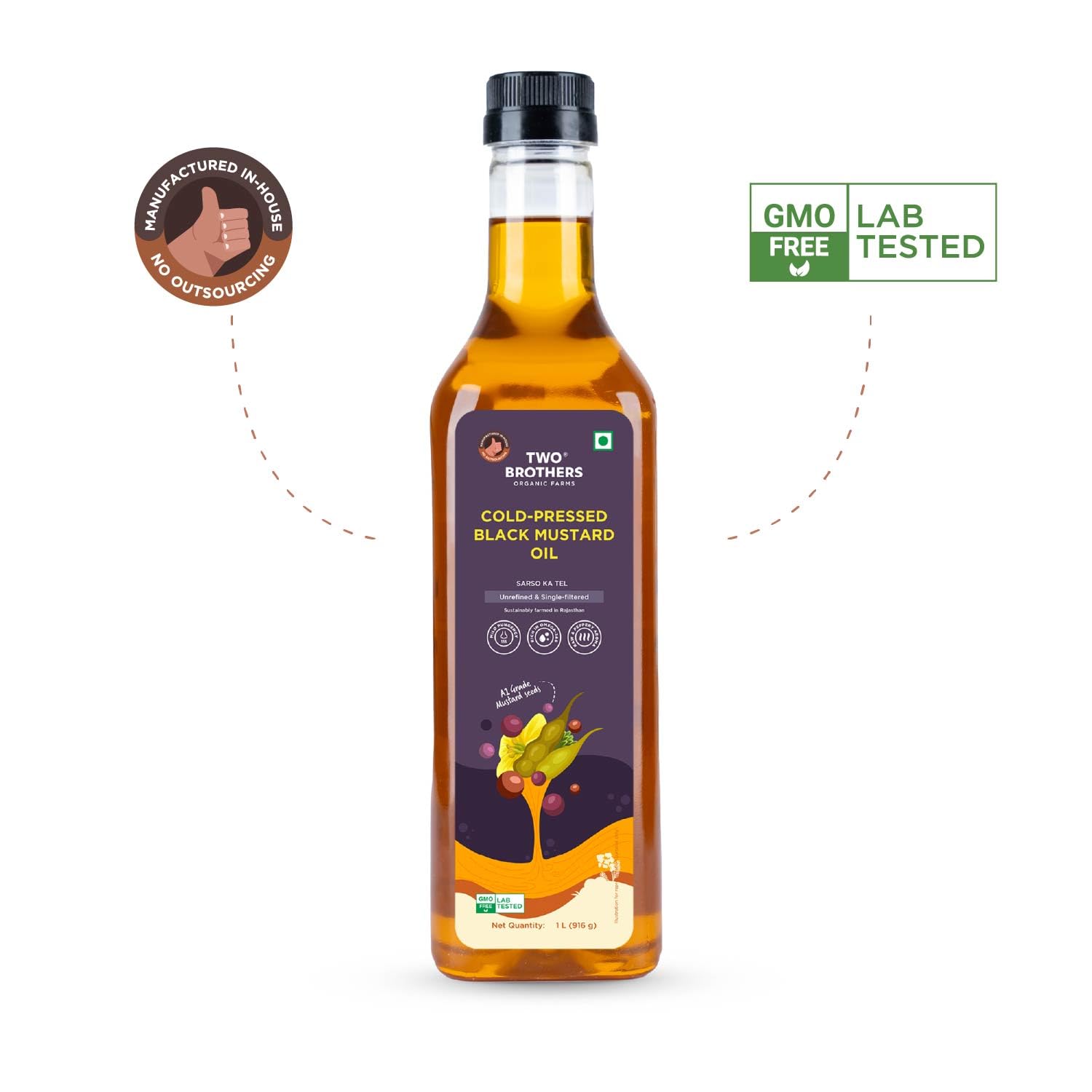 Two Brothers India Farms India's Only Certified Glyphosate Free Mustard Oil/Sarso Ka Tel (1L), Made Using Native Mustard Seeds | Cold-Pressed and Single-Filtered Oil for Cooking | Hexane-Free 1