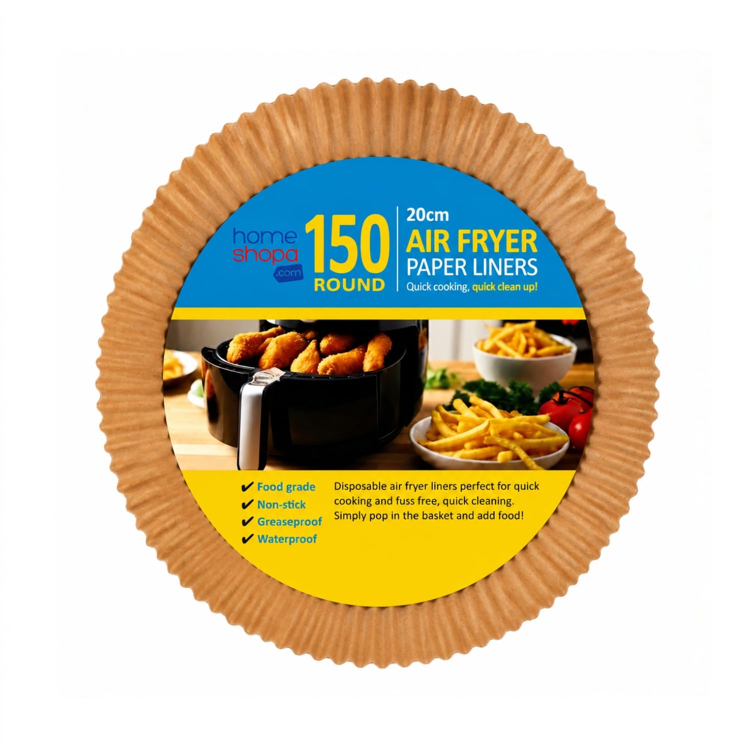 HOMESHOPA Air Fryer Paper Liners, 20cm Round 150 Pack Disposable Non-Stick Parchment Paper, Compatible with Ninja, Tefal and More, Food Grade Baking Sheet, Easy Cleanup Baker's Choice