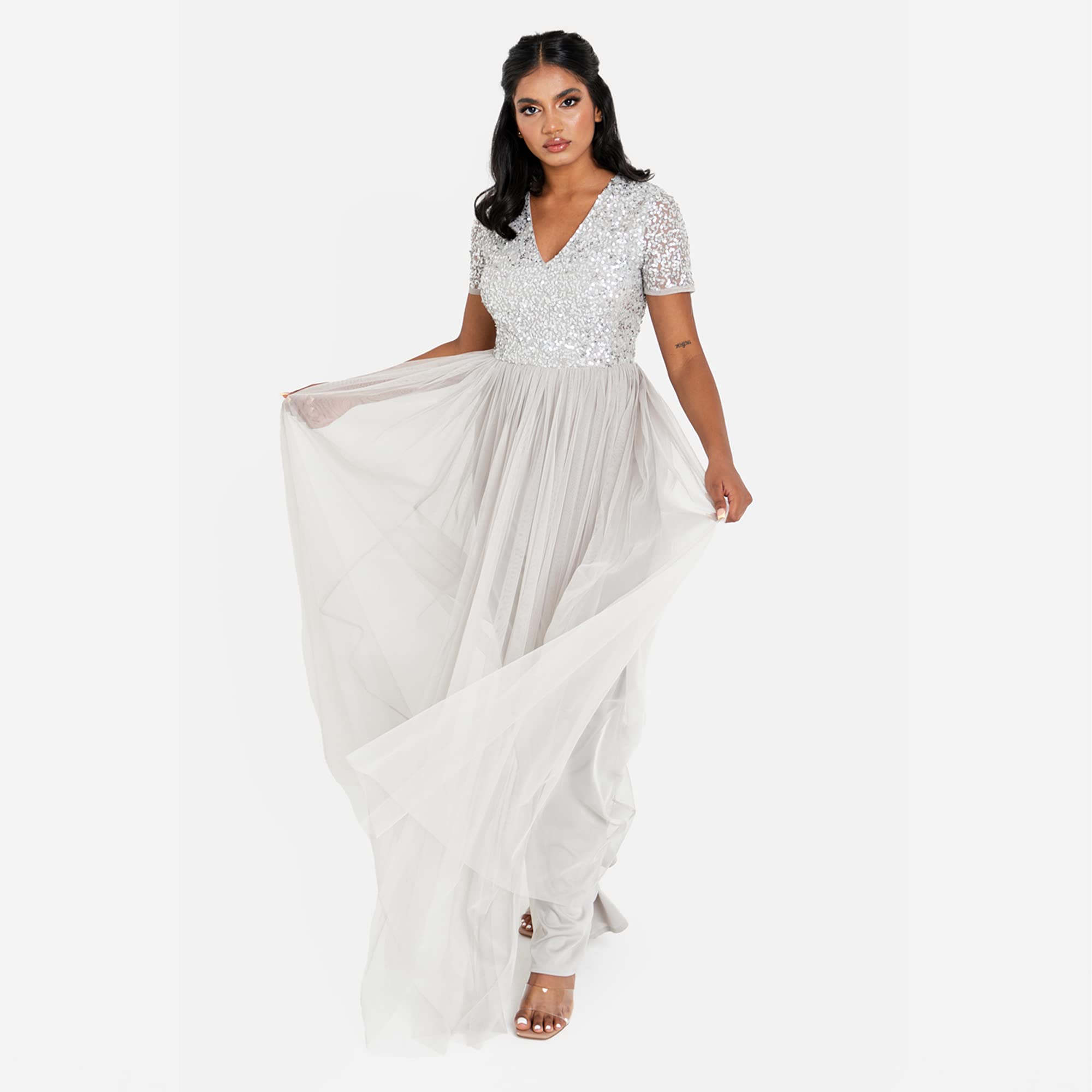 Maya Deluxe Abendkleid mit Pailletten Cocktailkleid Damen mit V-Ausschnitt Tüllkleid Grau Größe 36 – Bild 2