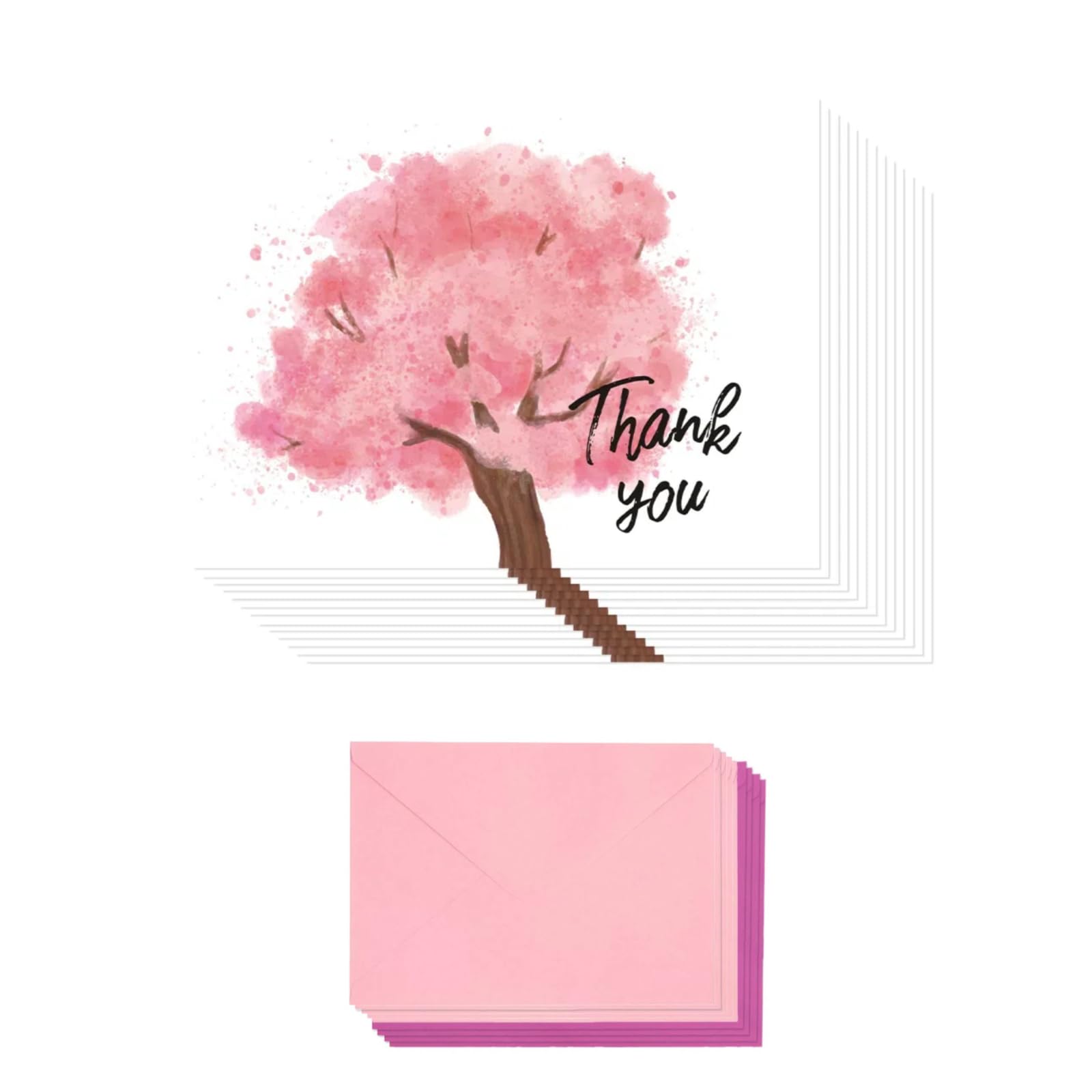 BZHTRMK 20PCs, Pink Thank You Cards with Envelopes, Sakura Tree, Heartfelt Seasonal Greeting, Warm Appreciation, Blank Inside with Glittering Heart