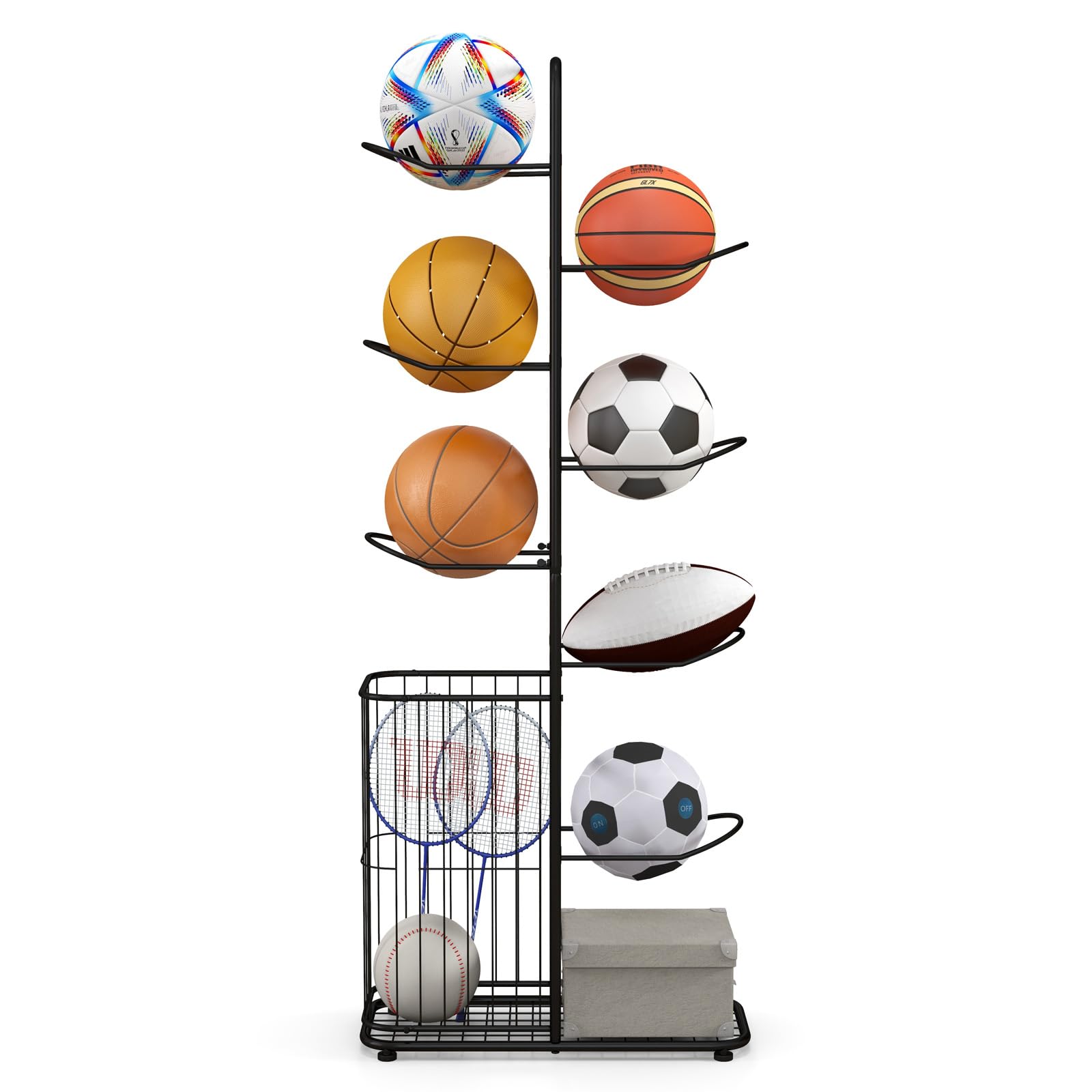 GYMAX Ball Storage Rack, Sports Equipment Organizer Display Rack with Basket and 7-Tier Detachable Stand, Vertical Basketball Rack Ball Holder for Volleyball Football Gear