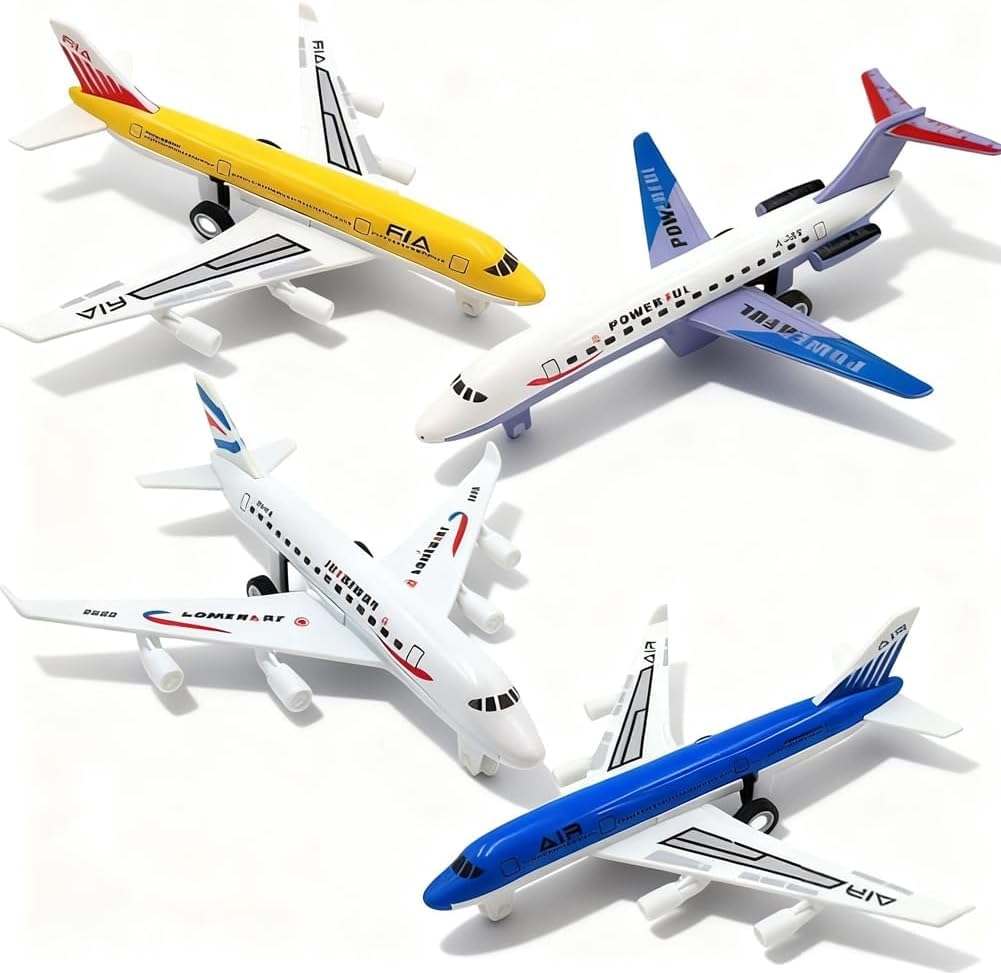 KAOVCXR AirPlane Toys-4 Piece Pull Back Plane Toys Set - Diecast Aeroplane Model Age 2+ for Boys & Girls, Easy to Play Christmas & Birthday Gifts