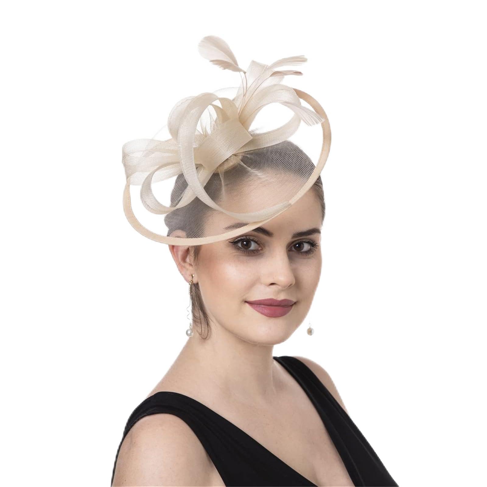 amangul Fascinator for Women Hair Clip Hat Feathered Bows Veil Hair Accessory Fashion Hairpiece for Wedding Party Special Event(Champagne)