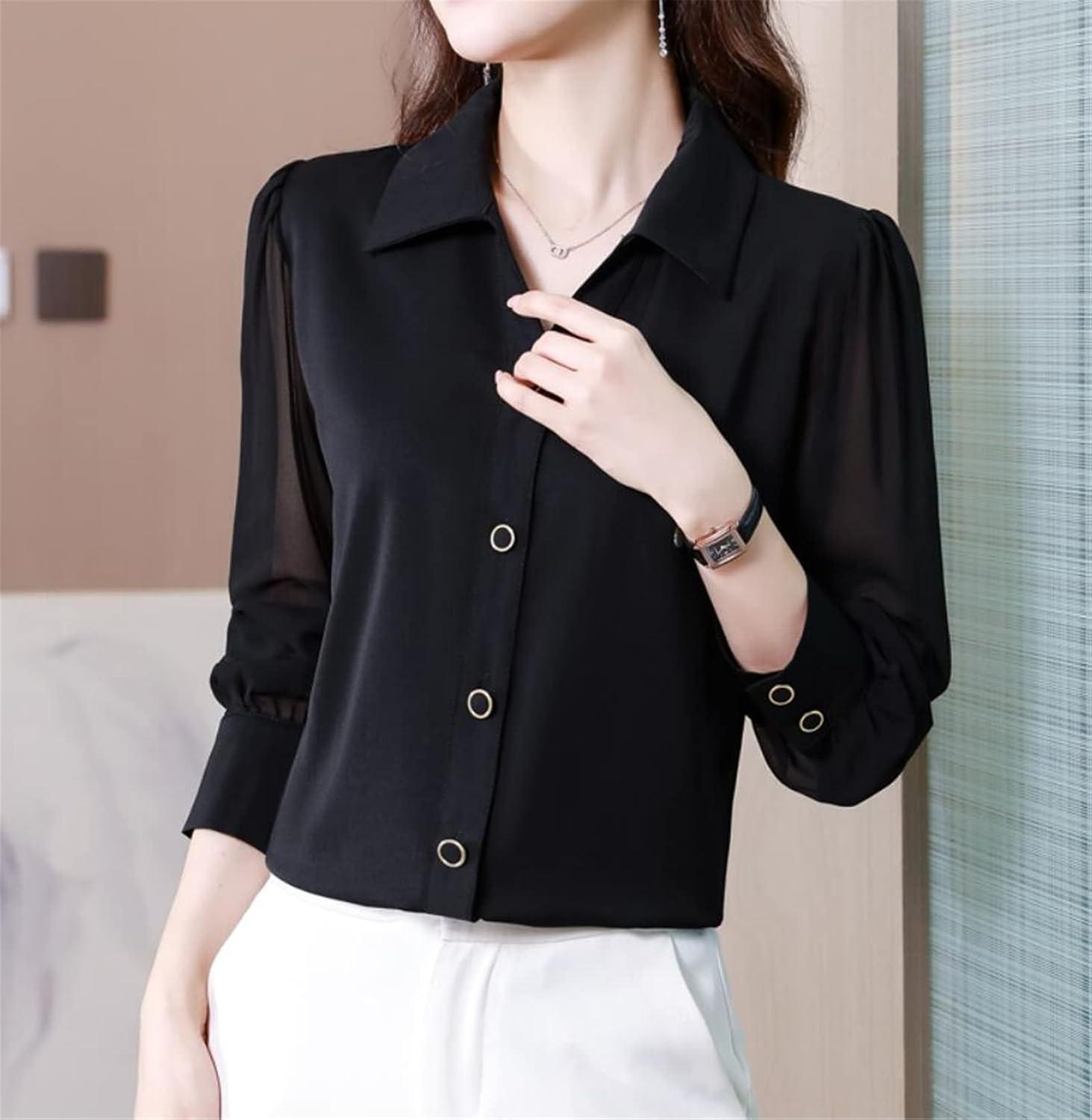 Women Shirt Classic Chiffon Blouse Female M-4XL Plus Size Loose Long Sleeve Shirt Lady Simple Style Tops Clothes