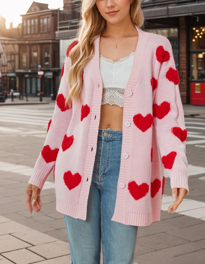 Image of Women Love Heart Graphic Oversized Sweaters Valentine Cute Cardigan Open Front Button Kawaii Preppy Aesthetic Clothes