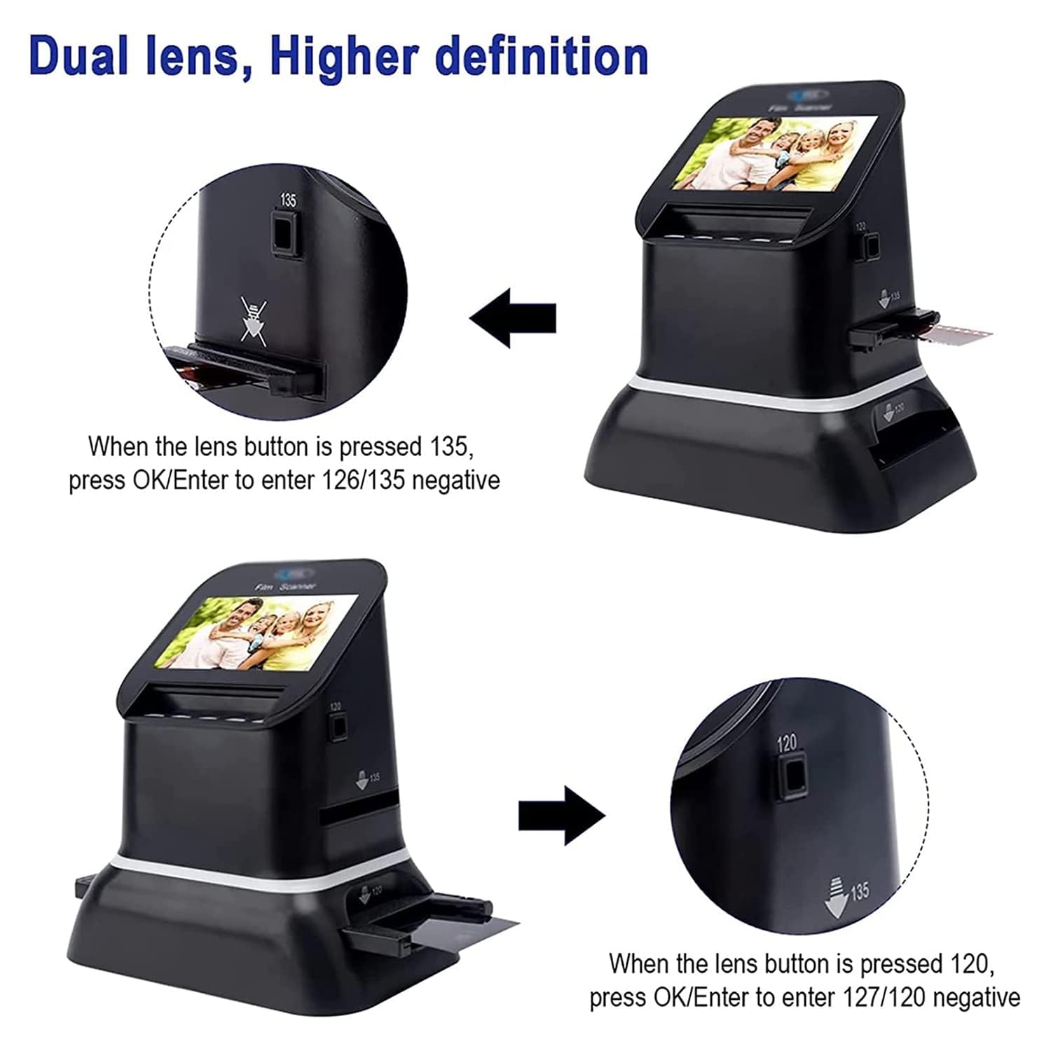 Scanner per pellicola, Scanner digitale per diapositive con schermo LCD da 4,3", 22 megapixel, supporta formati di pellicola da 35 mm, 127 e 126, scansioni positive e negative, bianco e nero