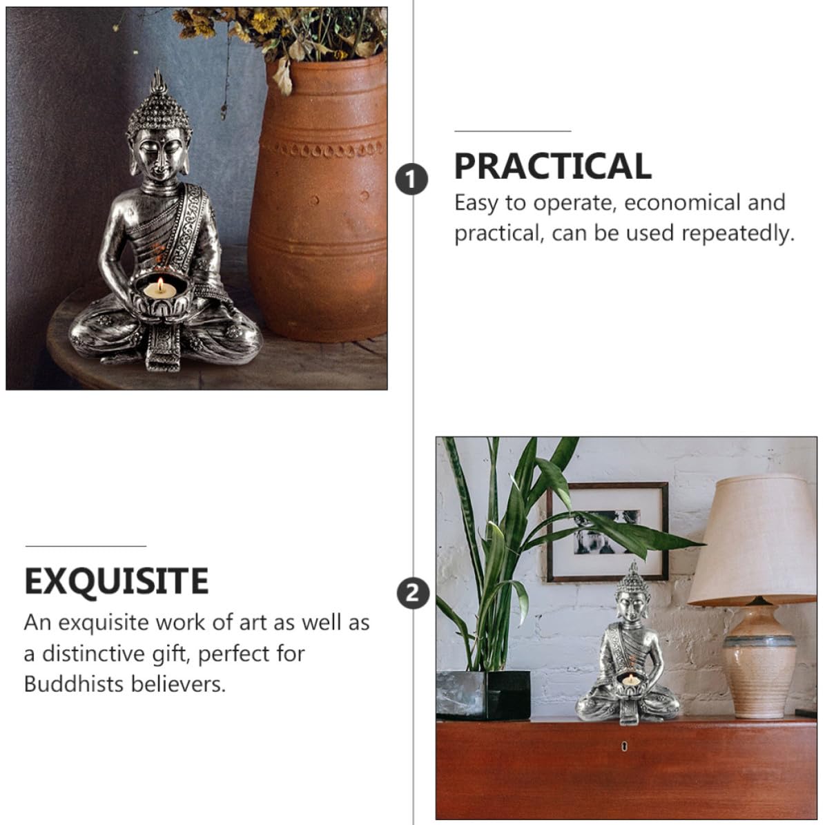 Toyvian Candelabro Práctico y Reutilizable Figura de Buda en Color Plata de Resina para Decoración Rústica en Casa de Té o Ambiente