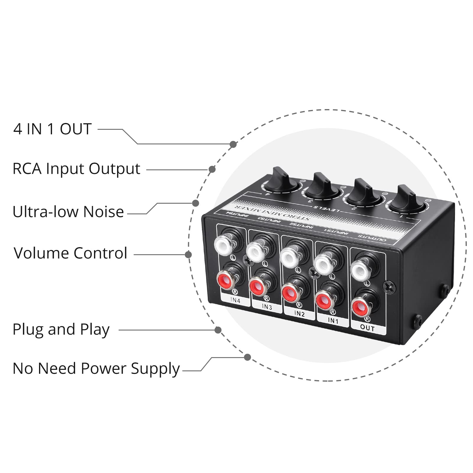 Mini mélangeur audio stéréo avec entrées RCA à 4 canaux Contrôles de Mini mélangeur audio stéréo avec entrées RCA à 4 canaux Contrôles de