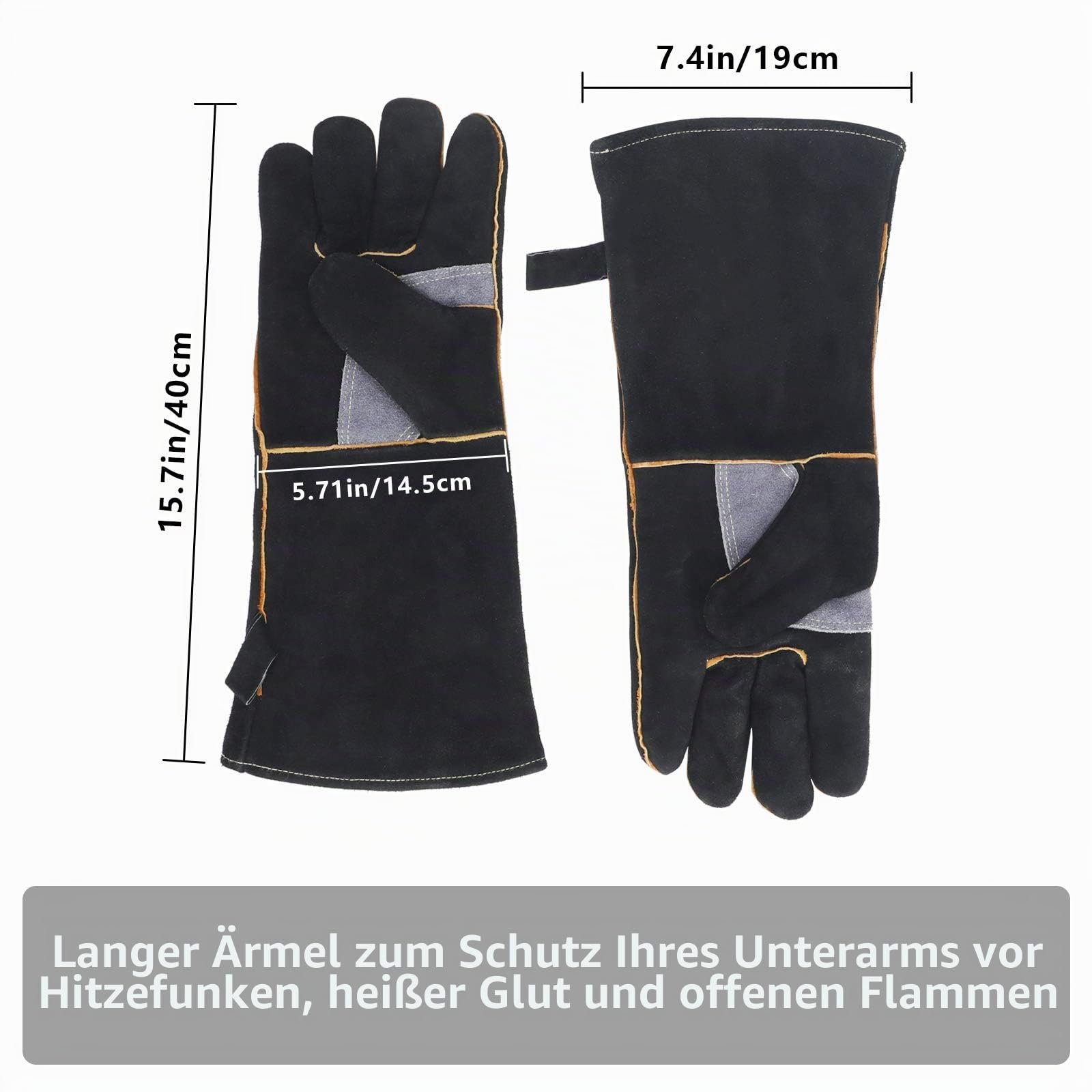 Extrem hitze- und feuerbeständige Handschuhe aus Leder mit Kevlar-Nähten, perfekt für Kamin, Herd, Ofen, Grill, Schweißen, BBQ, MIG, Topflappen, Tierhandhabung, schwarz-grau