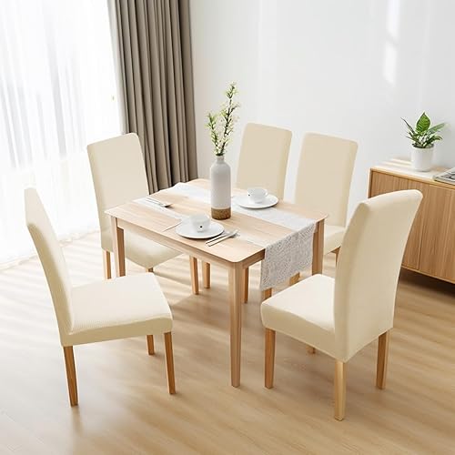 Miniatura 8 de Juego de 4 fundas para sillas de comedor, suaves y elásticas, protección contra arañazos de gatos, color blanco crema, tela jacquard, funda