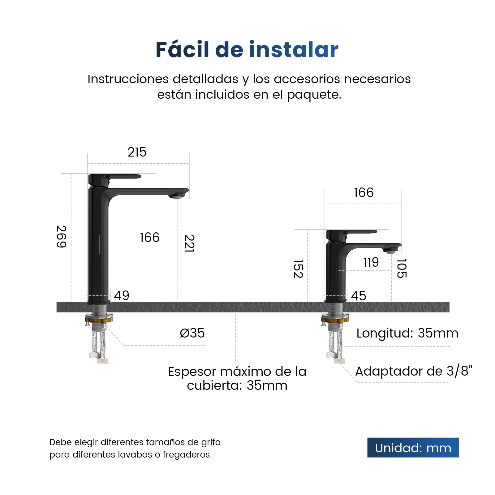 EMKE Grifo de Baño Negro Mate, Mezclador de Latón con Cartucho Cerámico y Aireador, Instalación Fácil, 166x152x45 mm, Grifo de Lavabo Duradero, Ahorro de Agua