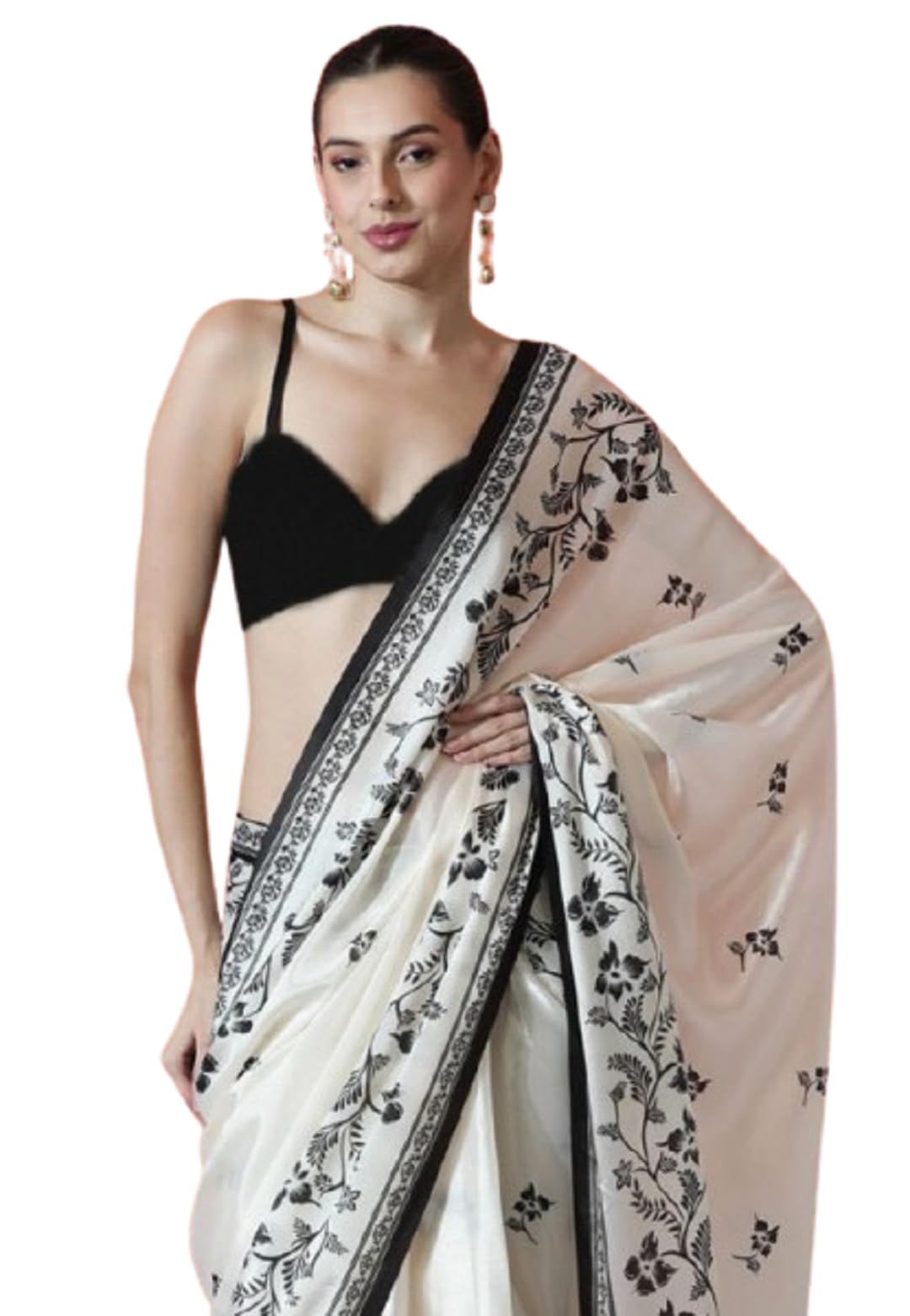 shopaz Women's Ready to Wear Off White Floral Satin Silk One Minute Readymade Printed Saree With Unstitched Blouse-picture-18