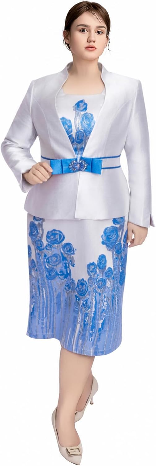 Geenlinm FASHlON Women's Dress Church Suits 2 Piece Jacquard Embroidery Jacket Church Set Plus Size Formal Attire
