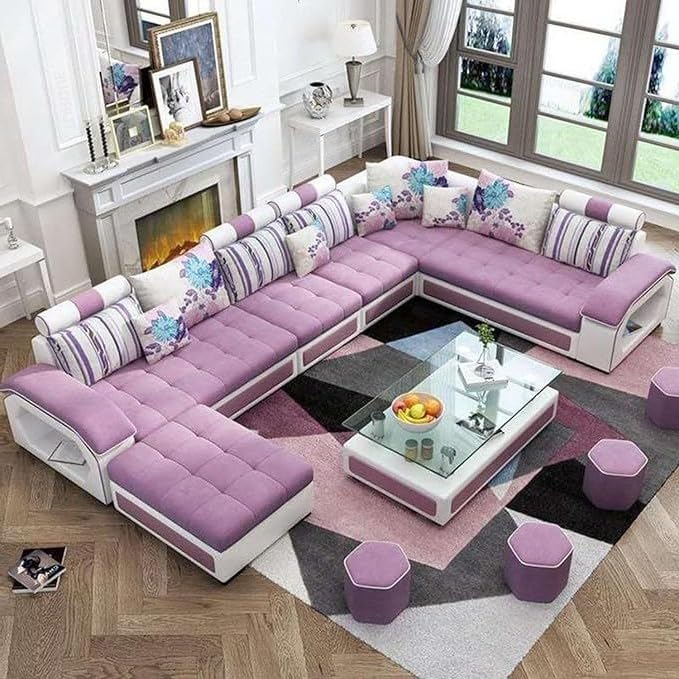 Image of Torque Silvester 12 Seater Sofa Set for Living Room (Purple) | Interchangeable U Shape Sectional Sofa | Solid Wood Frame & High-Density Supersoft Foam | Includes Puffy & Stool | Modern Home Furniture