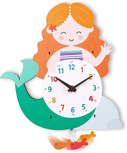 Miniatura 1 de WXFKLDJ Reloj de pared de sirena 3D para dormitorio de niños y niñas, lindo reloj silencioso sin tictac con péndulo, reloj de cuarzo de madera