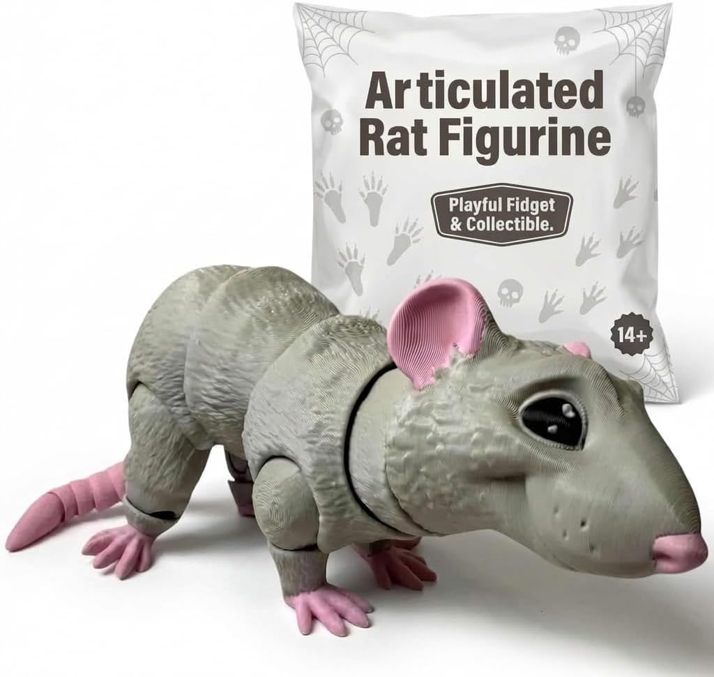 Articulated Rat Collectible Figurine - Detailed Rodent Desk Decor for Unique Shelf Display or Gift - 3D Printed in Canada