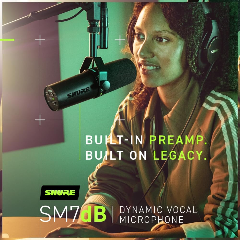 Shure SM7dB-Microfono dinamico, costruzione solida, protezione antivento staccabile-Nero + Gator Frameworks - GFWMICBCBM1000 Supporto per microfono per podcast e registrazione