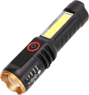 Outdoor Flashlight, Telescopic Zoom Fast Charging Long Range Outdoor Portable Torch Black Gold Ring for Mountaineering