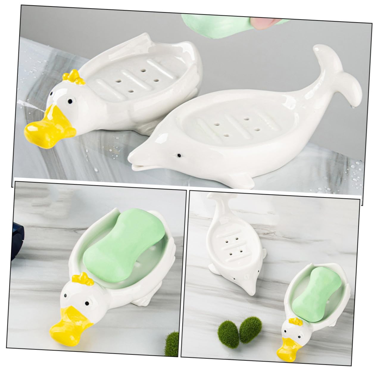 KOMBIUDA 2 Stück Keramik Seifenschale mit Niedlichem Enten Delfin Design Abtropfendes Langlebiges Badezimmer und Küchen Seifenhalter für Bad Küche Hotel und Geschenk