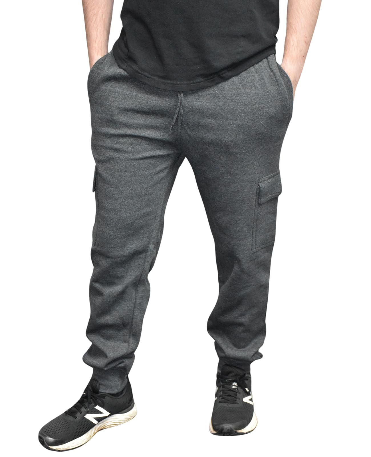 Men's Cargo Joggers with Pockets, Regular Fit Fleece Trouser Elastic Waist Tracksuit Bottoms Casual Gym Sweatpants for Running, Workout, Sports, Travel and Daily Wear Charcoal Ribbed XL