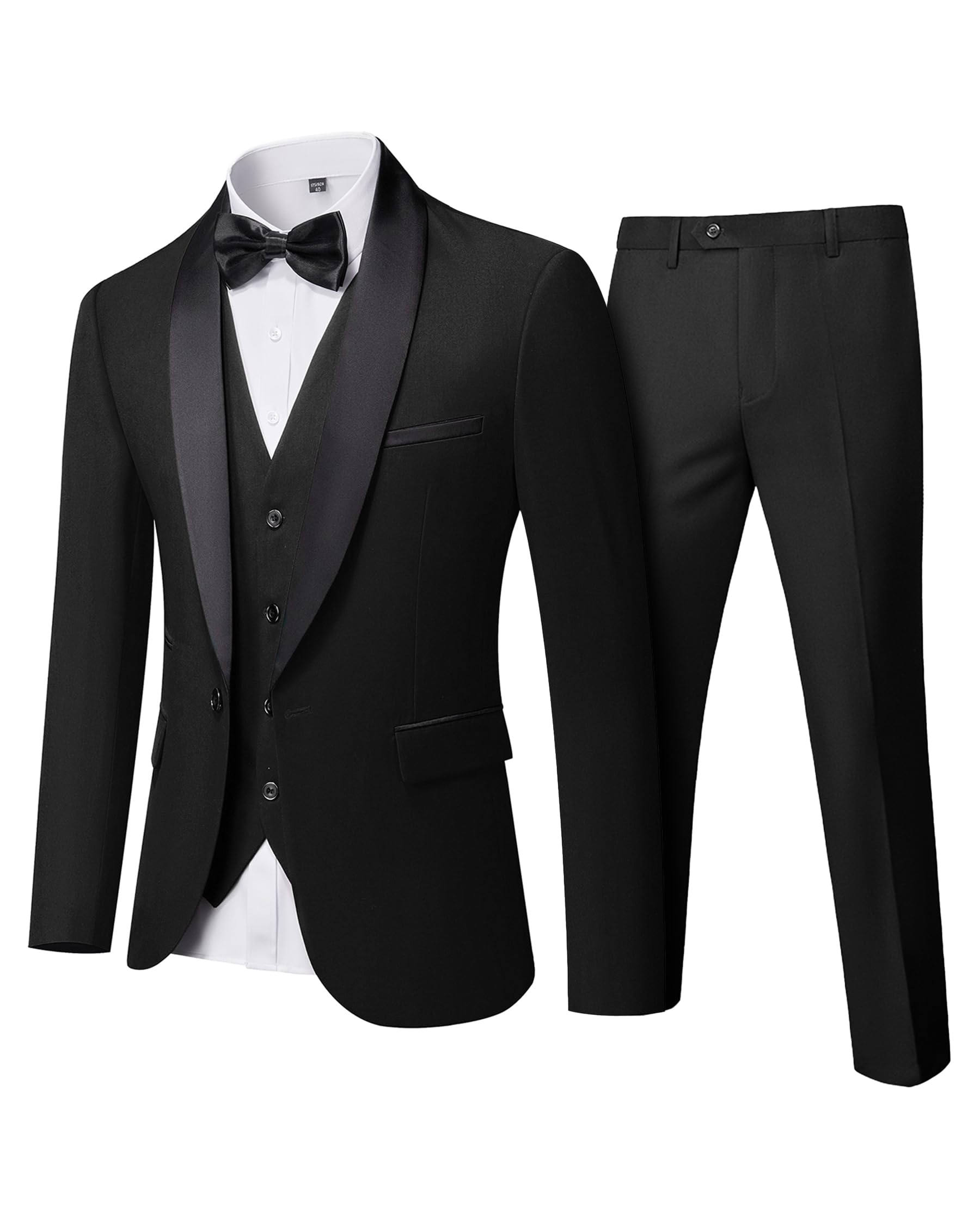 YND Men's 3 Piece Slim Fit Tuxedo Set, One Button Shawl Collar Solid Jacket Vest Pants with Bow Tie