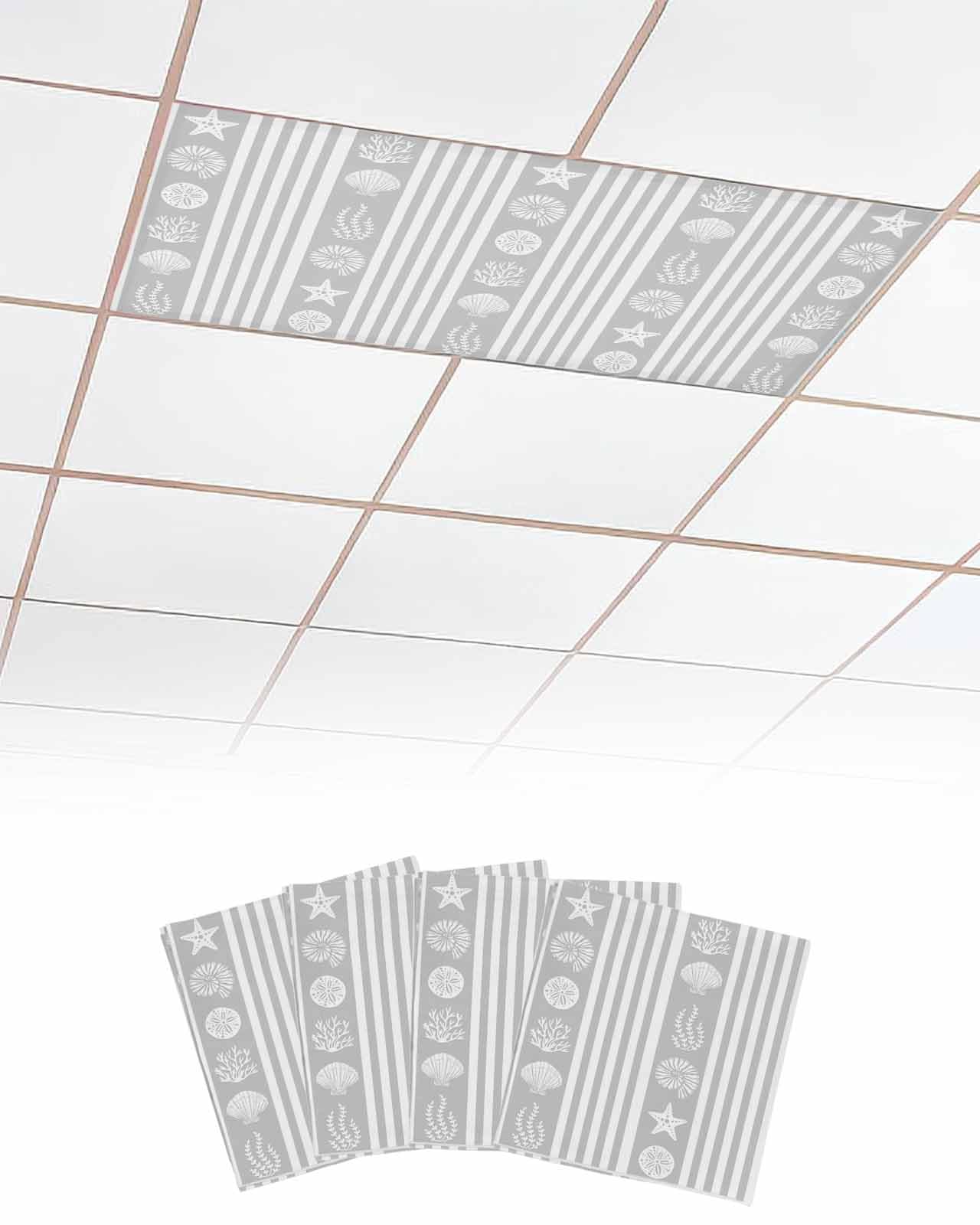EwdeWwo Ocean 4 Pcs Fluorescent Light Covers for Ceiling Lights, Shell Coral Starfish Stripes Navy Gray Magnetic Light Filters for Eliminate Harsh Glare Classroom Office Decoration, 4 x 2 Ft