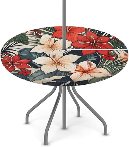 Mantel redondo para exteriores con agujero para paraguas, funda para mesa de patio con flores coloridas, impermeable, para fiestas y pícnics, apto