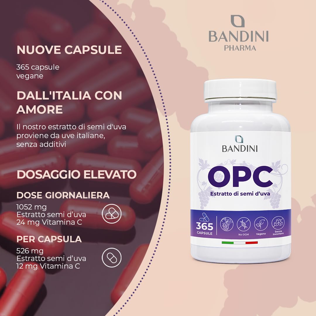 Bandini® Integratore OPC 365 Capsule Vegane, (95%) Estratto Semi d'Uva + Vitamina C, OPC puro da uva italiana con Contenuto più Alto Secondo HPLC, Antiossidante, Proantocianidina Oligomerica 95%