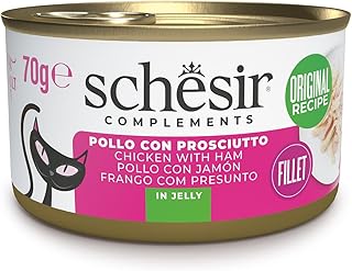 Schesir, Chicken Fillets with Ham in Jelly, Supplementary Wet Food for Cats, Original Recipe, 100% Natural, 12 Tins of 70g product image
