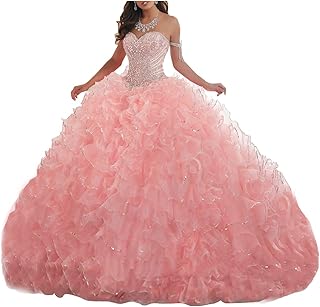 Women's Organza Ruffles Quinceanera Beaded Sweetheart Prom Ball Gown - Buy now