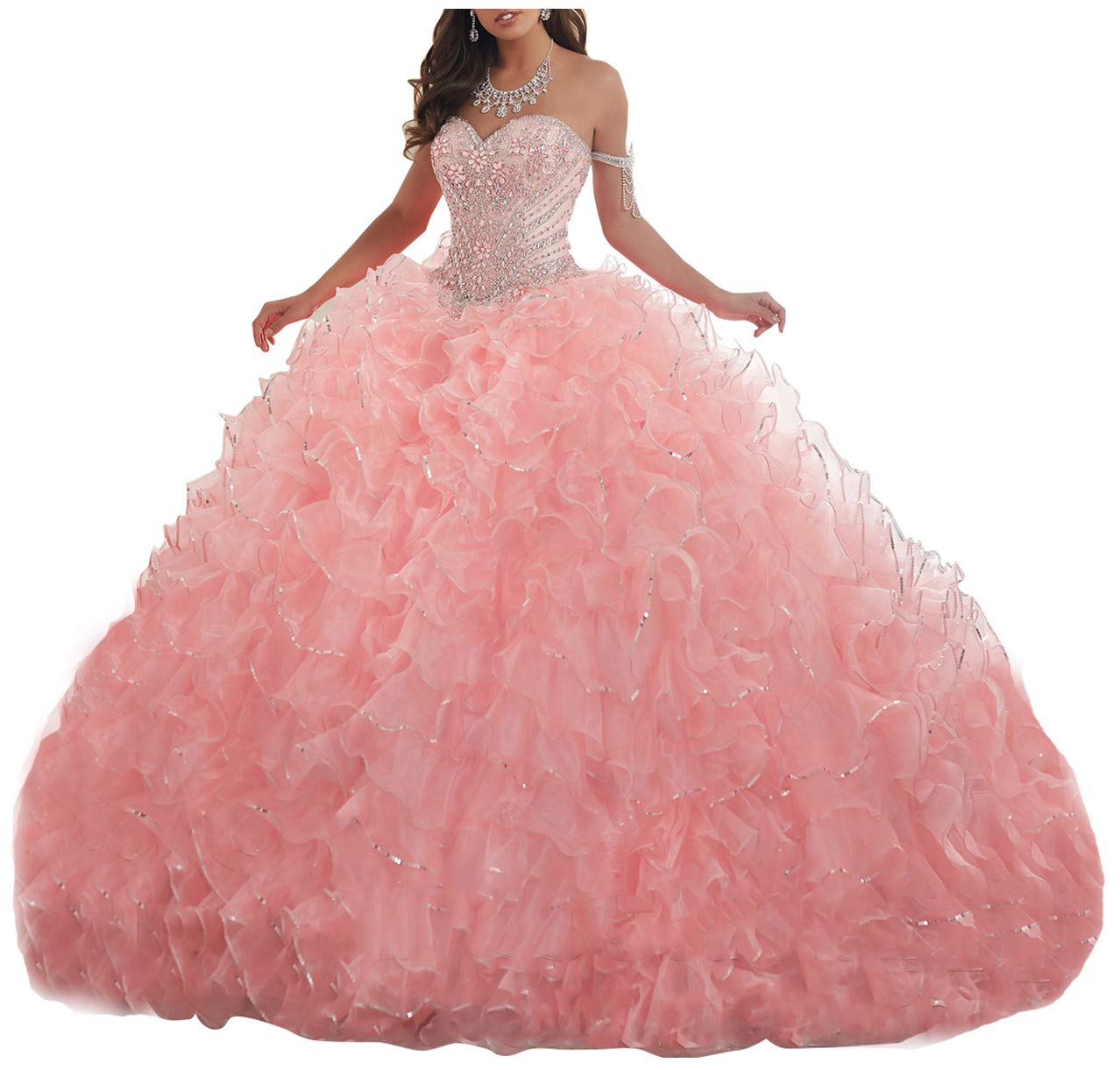 Lovely RomanaWomen's Organza Ruffles Quinceanera Beaded Sweetheart Prom Ball Gown