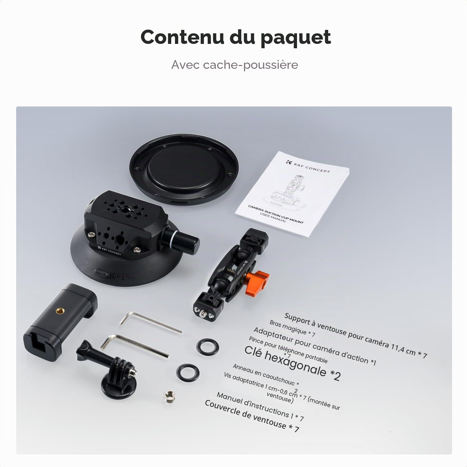 K&F CONCEPT Support à Ventouse 4,5″ (115 mm) avec Bras Magique Double Rotule, Pince Téléphone & Adaptateur GoPro – Fixation Caméra/Smartphone 1/4″ & 3/8″ pour Pare-Brise et Surface Lisse