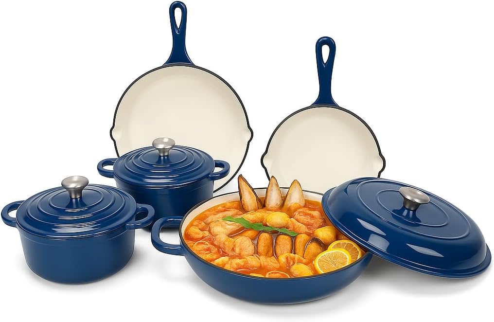 8-Piece Nonstick Enameled Cast Iron Cookware Set with Organizer, Navy 8-Piece Nonstick Enameled Cast Iron Cookware Set with Organizer, Navy