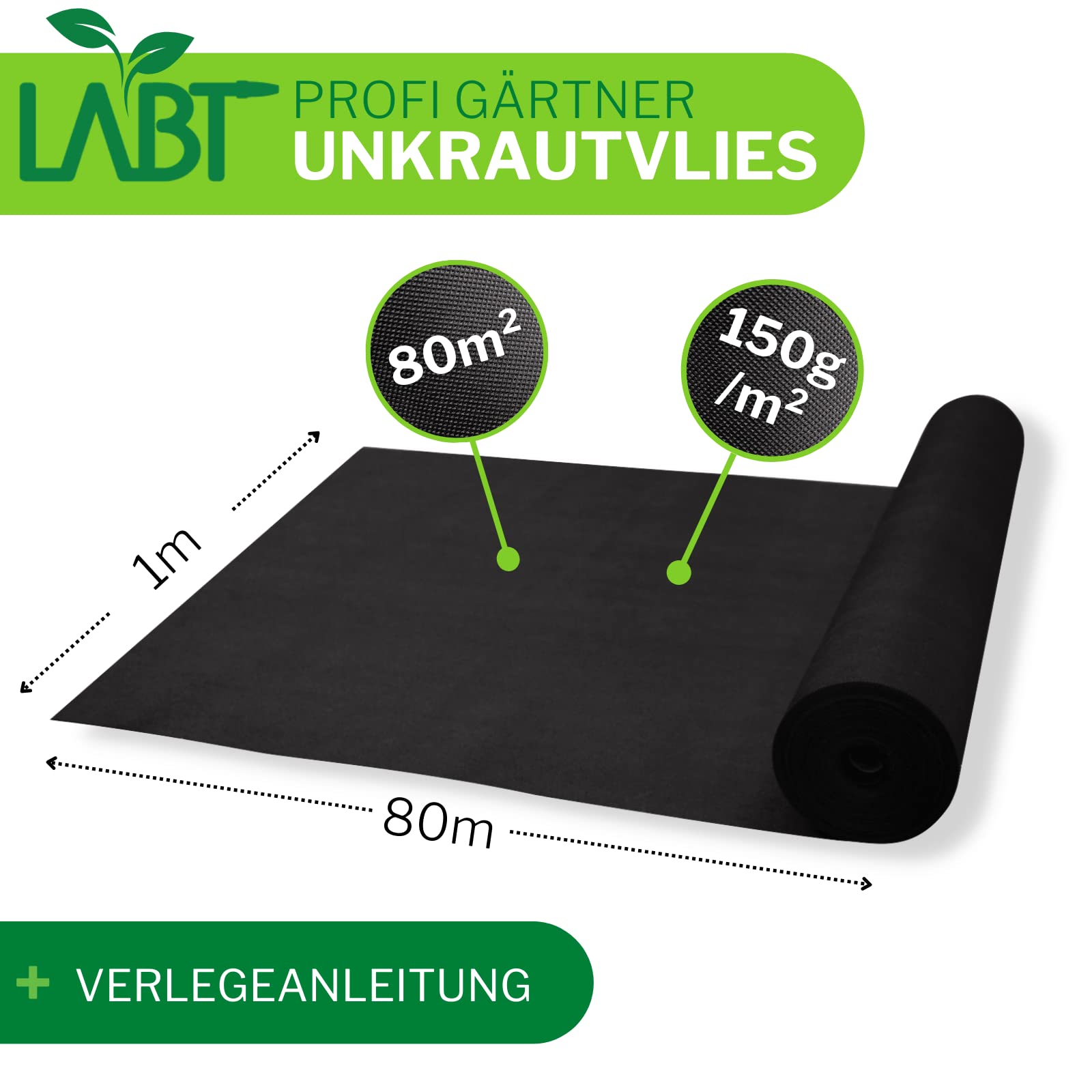 80m² Profi Unkrautvlies I Wasserdurchlässiges Gartenvlies Gegen Unkraut 150g/m² I Reißfeste, Umweltfreundliche Unkrautfolie mit Hoher UV - Beständigkeit für Garten und Beet [80 x 1m I Rolle]