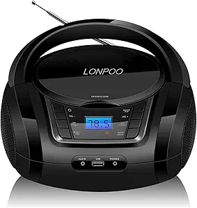 LONPOO CD Player Portable Boombox with FM Radio/USB/Bluetooth/AUX Input and Earphone Jack Output, Stereo Sound Speaker & Audio Player,Black