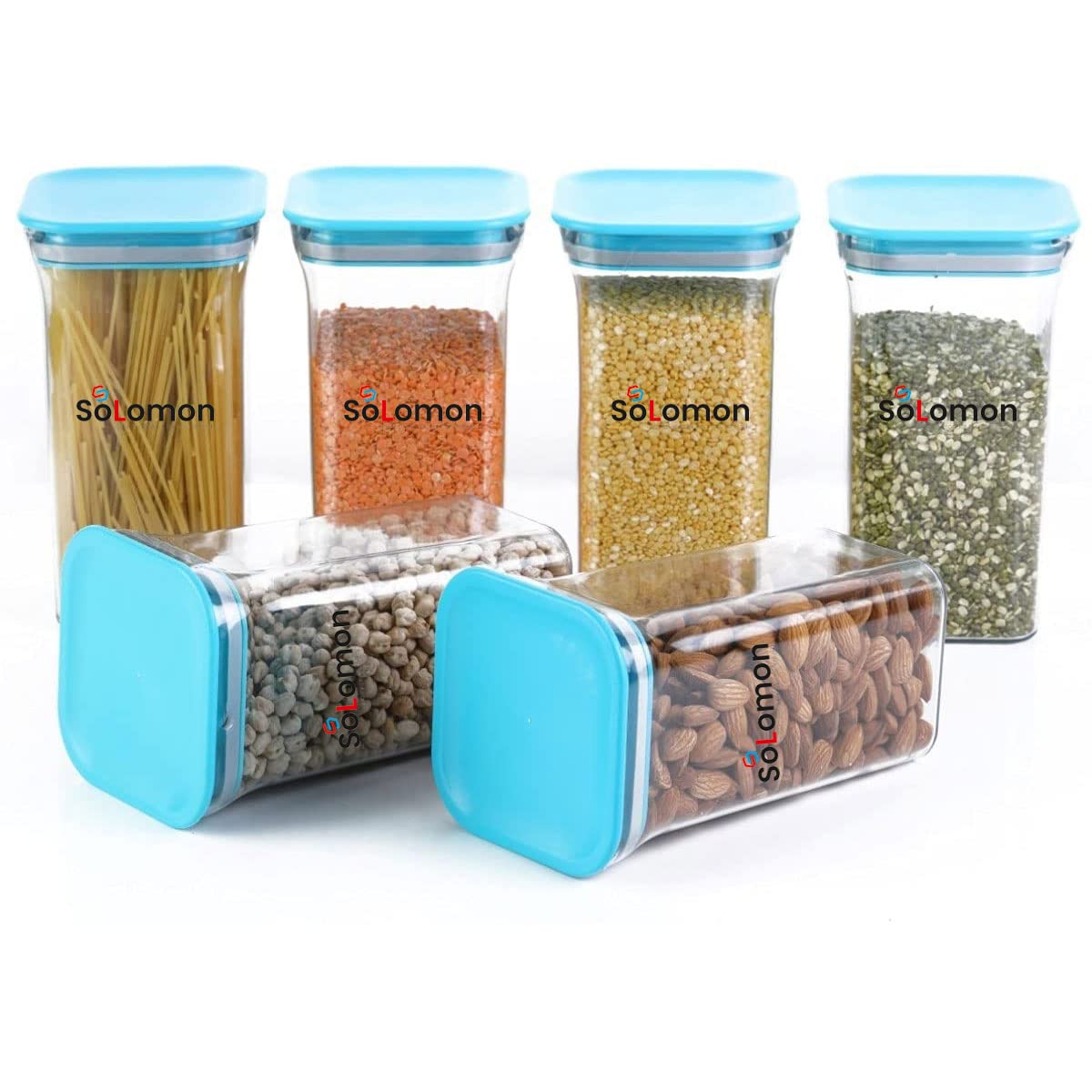 SOLOMON - quality product for your lifestyleSolomon™ Kit Kat Transparent Jar | Air Tight Container | Kitchen Storage Plastic 1100ml (PACK OF 6, Blue)