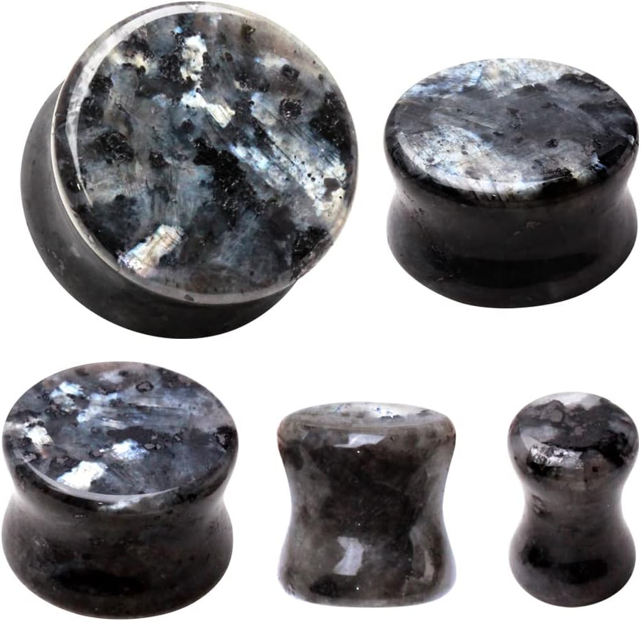 Pierced Owl Natural Black Labradorite Stone Double Flared Plugs, Sold as a Pair - Image 3