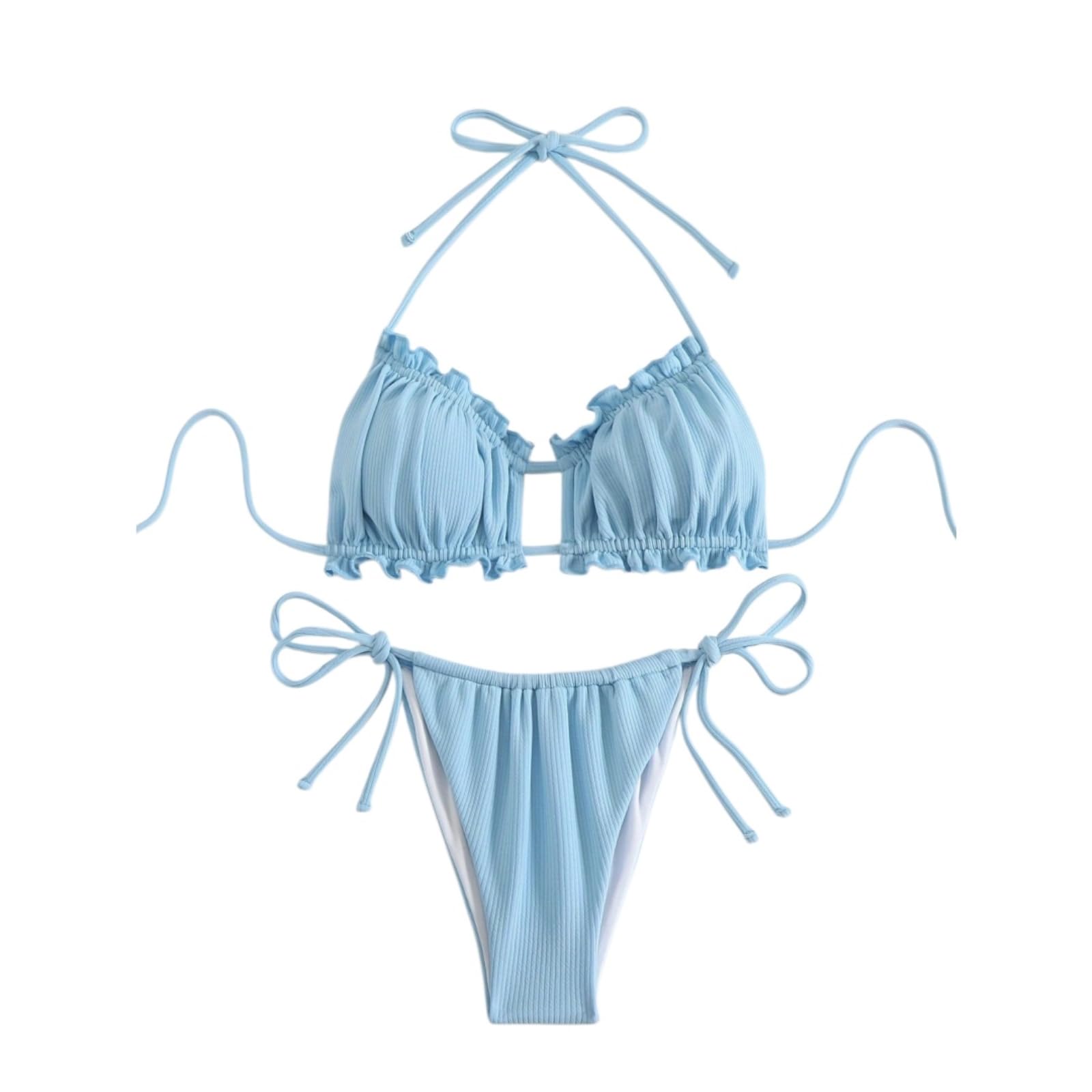 Bikini Mujer Mujeres Color Ribbed Set Cortado Triángulo Traje De Baño Dos Piezas-Blue-s