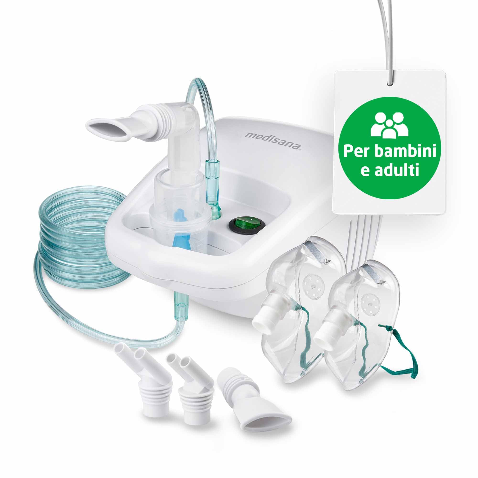 medisana IN 500 inalatore, nebulizzatore a compressore | con boccaglio e maschera per adulti e bambini, per raffreddori o asma con accessori extra e tubo lungo, white, larga
