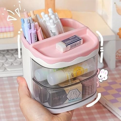 Organizador de Mesa Escrivaninha Porta Treco Caneta Lápis Com Gavetas Divisórias Multiuso (Rosé)