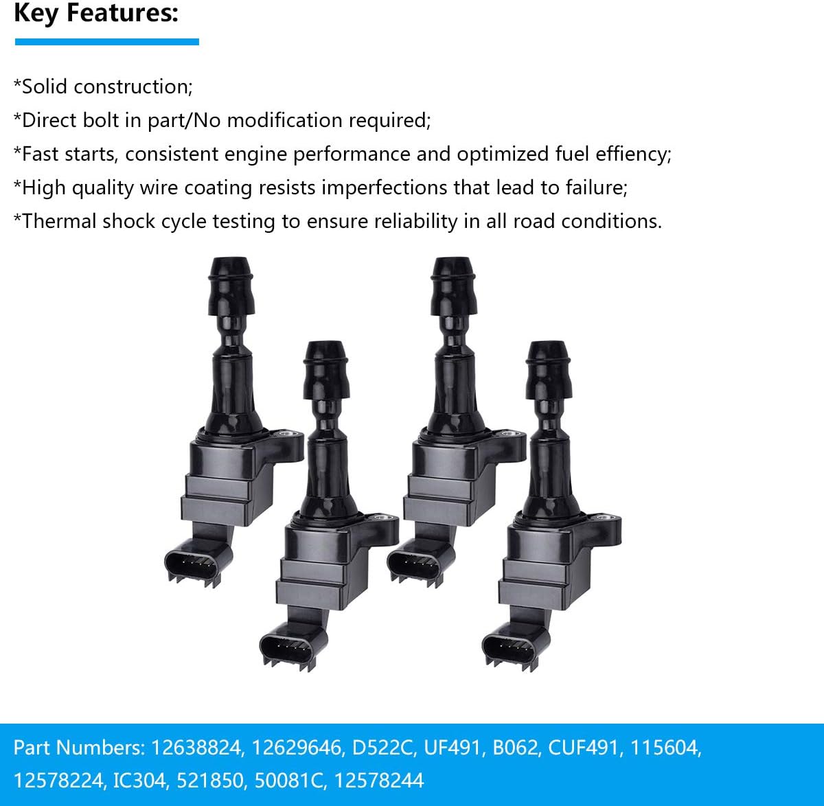 Ignition Coil Pack of 4 Replacement for Chevrolet 2.4L, 2.2L, 2.0L Turbo - Chevy Malibu, HHR, Cobalt, Equinox, GMC Terrain, Pontiac G6 & More, 2006-2017, OE# D522C, 12638824, 12578224, UF491