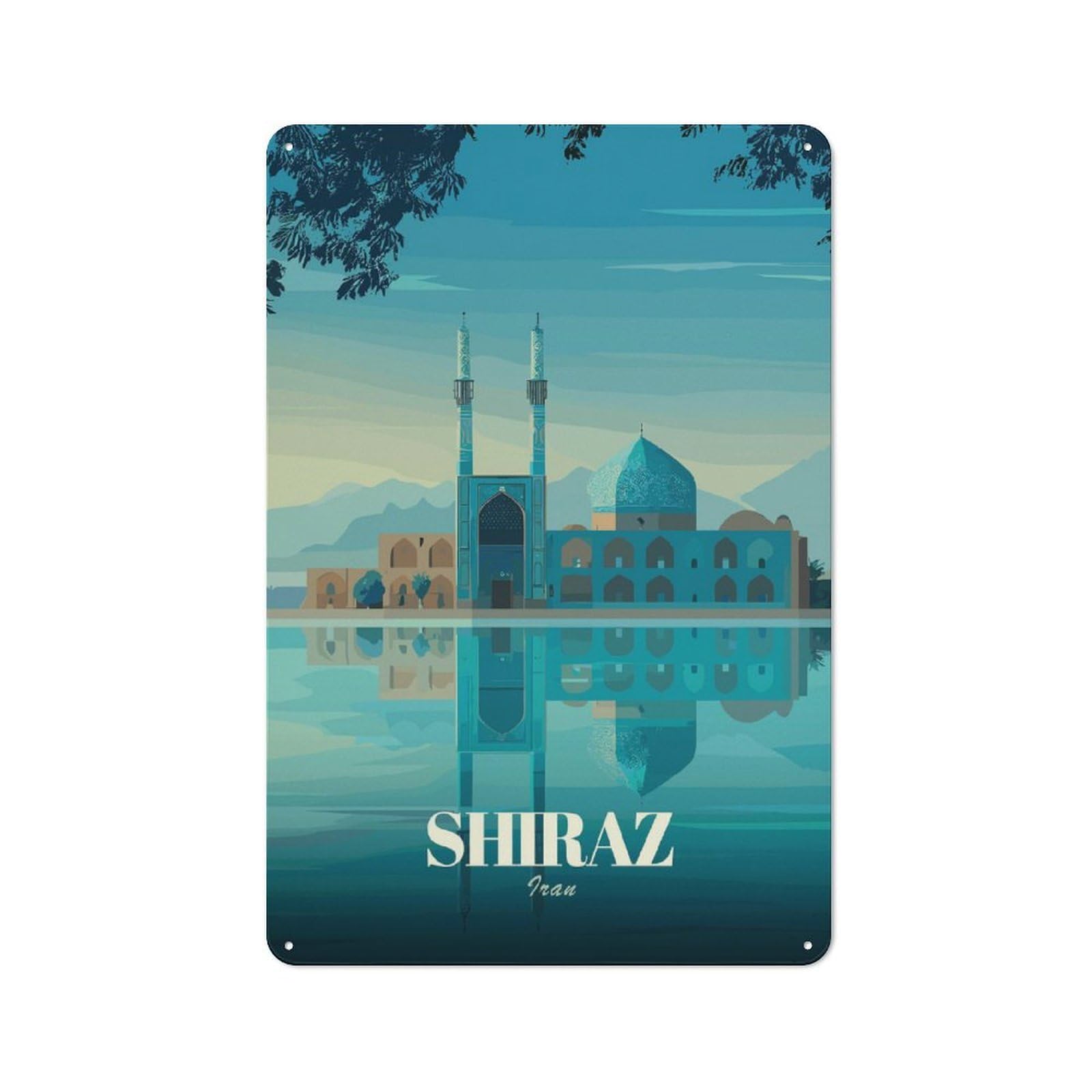 Junmoney Style-19 Shiraz Iran Mosque Reflection Printed Metal Sign 30X20cm For Guest Room Or Hallway, For Vintage Wall Decor Fans, For Garage And Workshop Walls