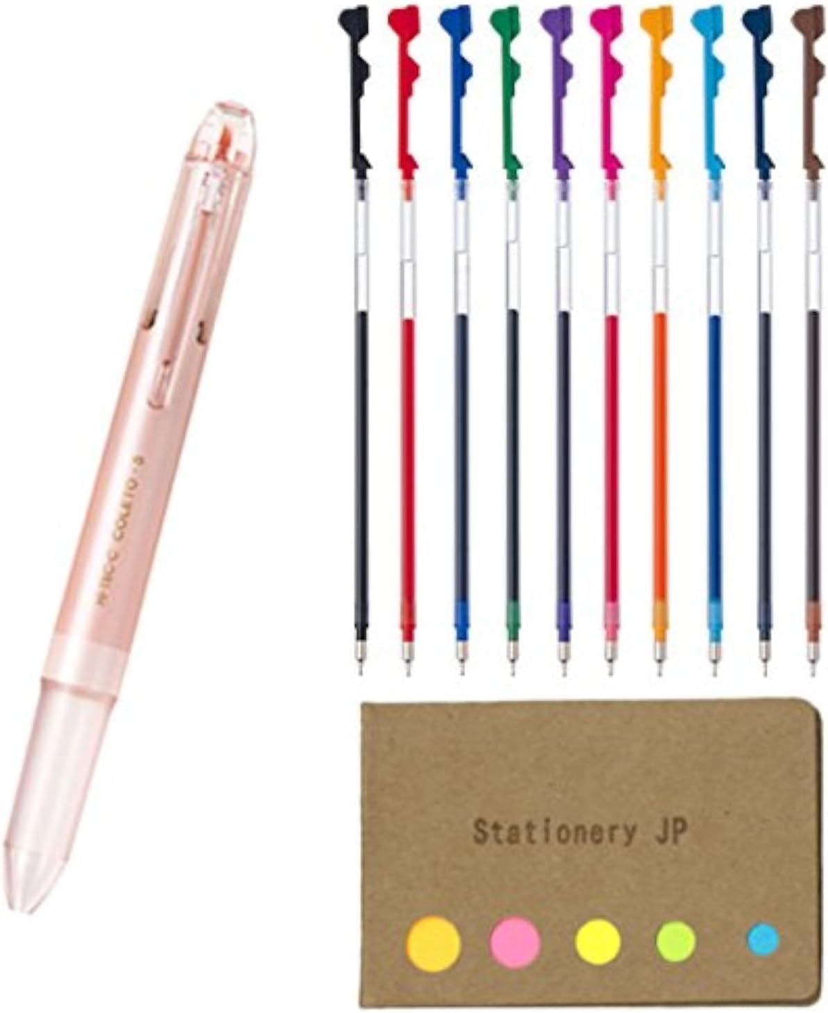 Pilot Hi-tec-c Coleto 5 Color Multi Pen Body Component, Pink Pearl, Rubber Grip, 0.3mm 10 Color Ink Refills, Sticky Notes Value Set
