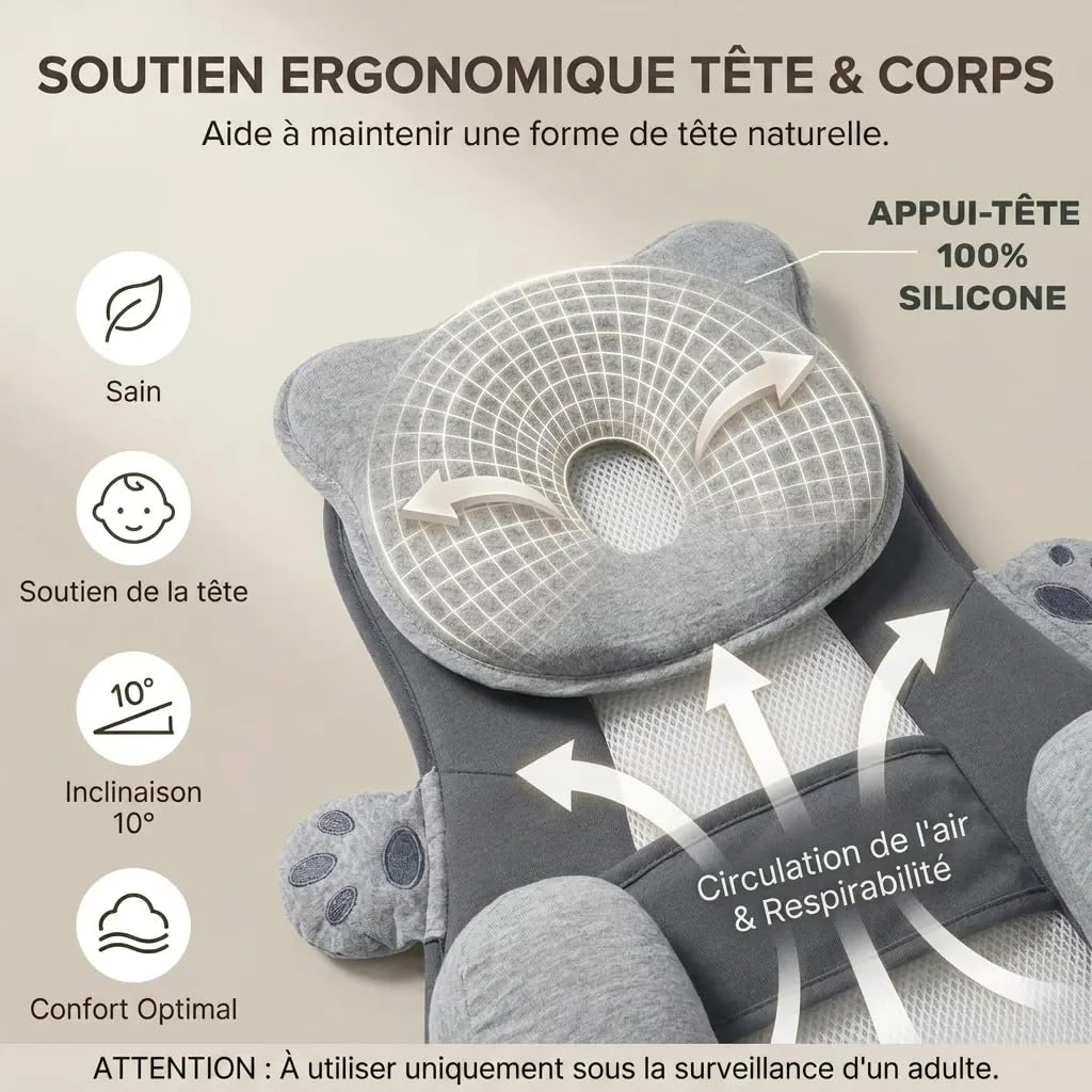 Plan Incliné Bébé 10° Certifié EN71 - Support Ergonomique avec Coussinet Silicone - Design 3-en-1 Déhoussable et Lavable - Cale Bébé pour Repos et Éveil 0-12 Mois