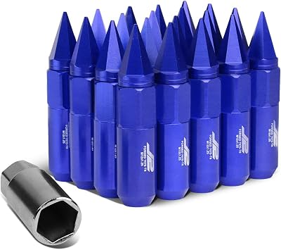 J2 Engineering 20Pcs M12 x 1.25 7075-T6 Aluminum 90mm Spiked End Lug Nut w/Socket Adapter Blue