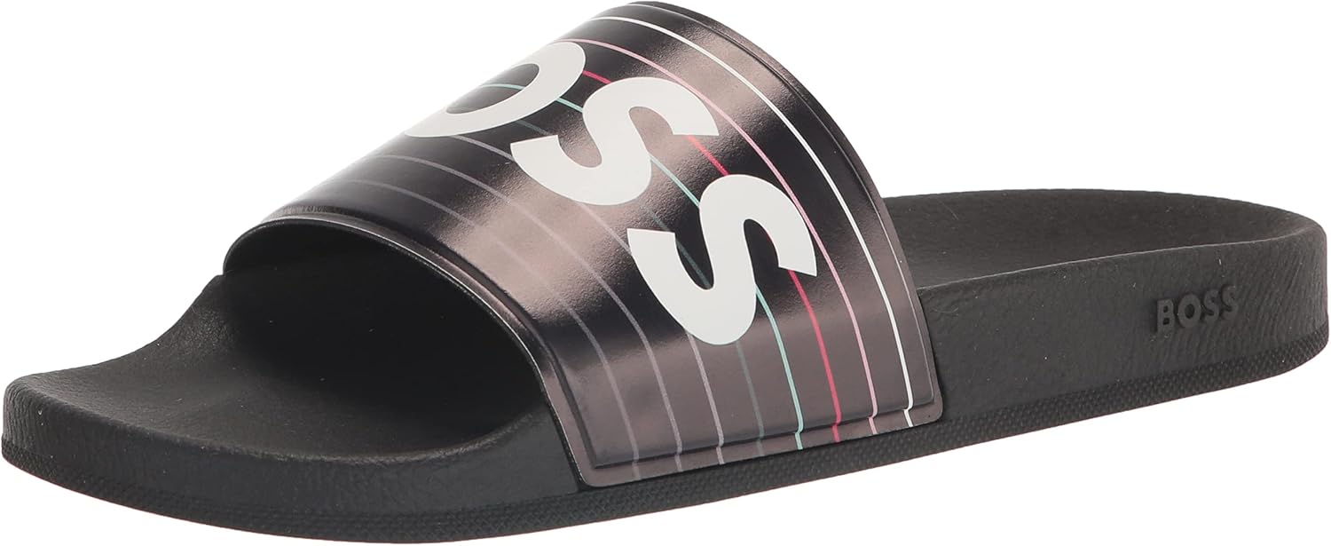 BOSS Men's Big Logo Slide Sandals, Charcoal Stripe, 8